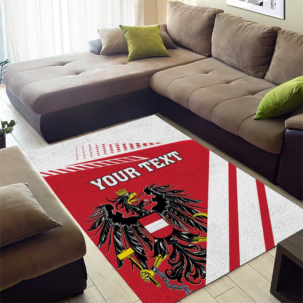 Personalized red and white flag-style area rug with crest and a banner reading “YOUR TEXT”.