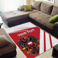 Personalized red and white flag-style area rug with crest and a banner reading “YOUR TEXT”.