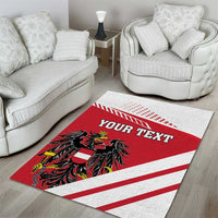 Red and white personalized flag-style area rug with crest artwork and “YOUR TEXT” text.