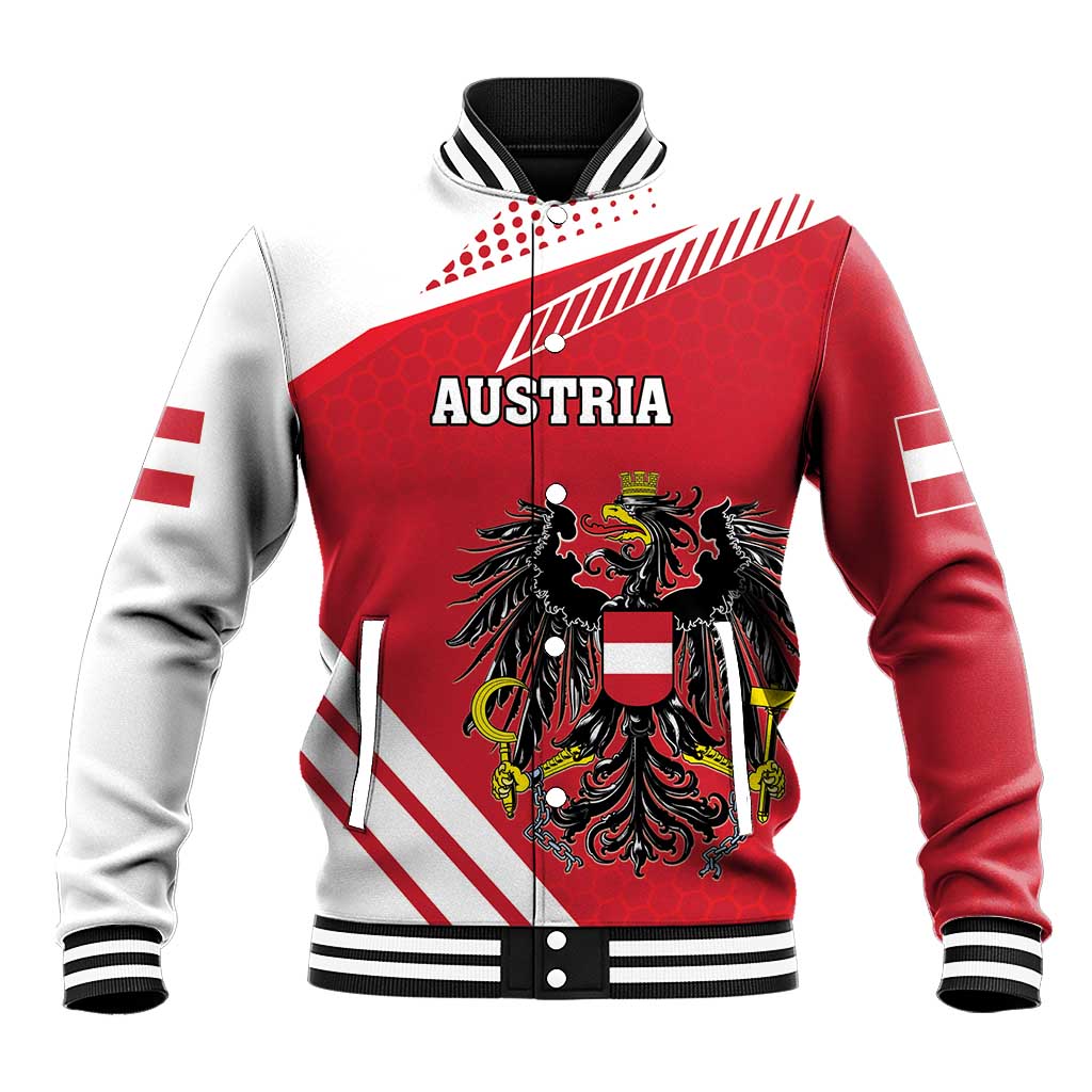 Red baseball jacket with white sleeves, black Austria coat of arms front graphic
