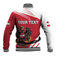 Red baseball jacket with white sleeves, 'YOUR TEXT' back graphic and coat of arms