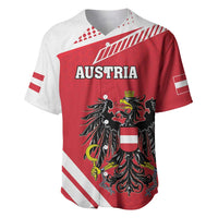 Red and white baseball jersey with Austria crest graphic and flag stripes