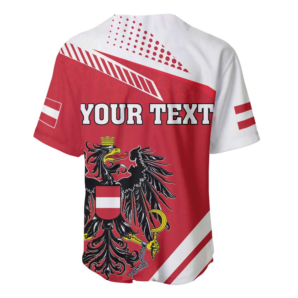 Red and white baseball jersey back with coat of arms and YOUR TEXT lettering