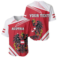 Red and white baseball jersey set showing front Austria crest and back YOUR TEXT