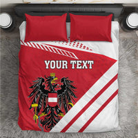 Red and white bedding set with 'YOUR TEXT' and black-and-gold coat of arms on duvet