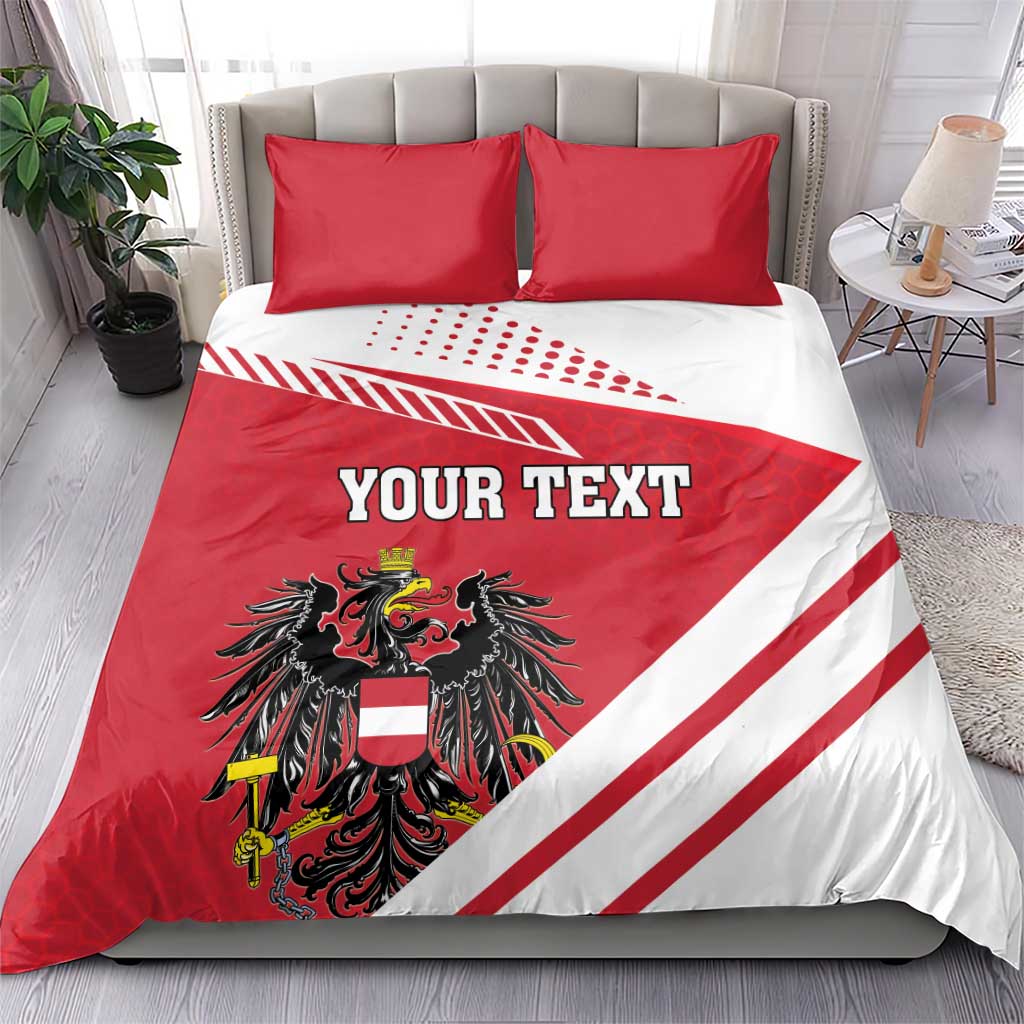 Red and white bedding set with 'YOUR TEXT', coat of arms emblem, and two red pillows