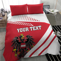 Red and white duvet bedding set with 'YOUR TEXT' and coat of arms crest and stripes