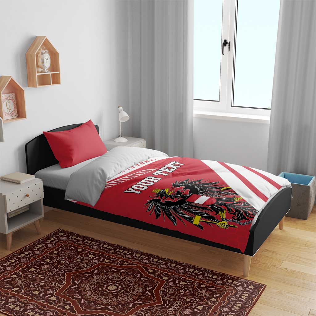 Red and white comforter set with 'YOUR TEXT' and coat of arms flag-style duvet