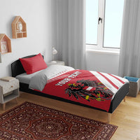 Red and white comforter set with 'YOUR TEXT' and coat of arms flag-style duvet
