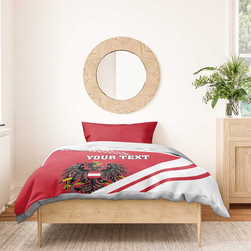 Red and white duvet bedding set with 'YOUR TEXT' crest and diagonal striped flag design