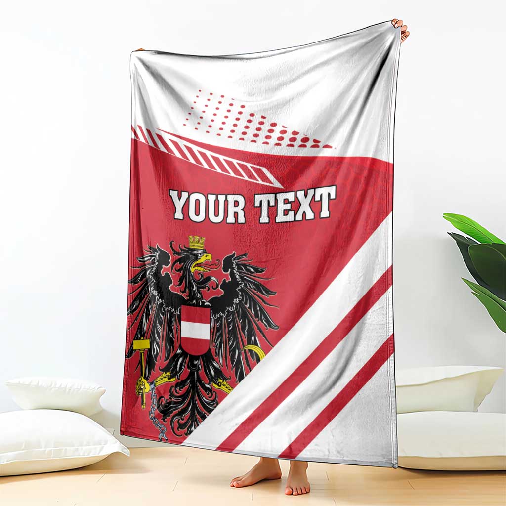 Personalized flag-style blanket with red/white stripes, black crest, and 'YOUR TEXT'