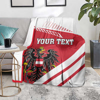 Red and white flag throw blanket with black crest, 'YOUR TEXT', and dotted header pattern