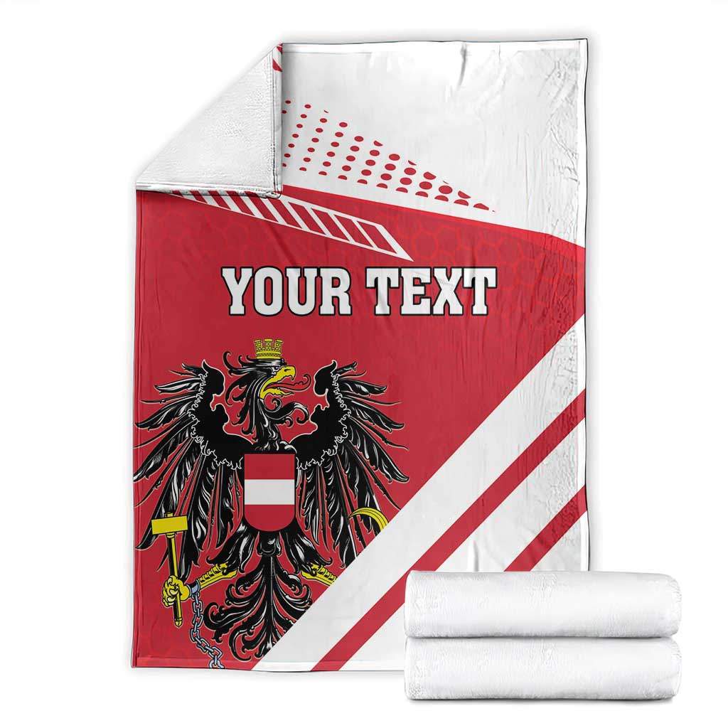 Folded red-and-white flag blanket with black crest, 'YOUR TEXT', and bold diagonal stripes