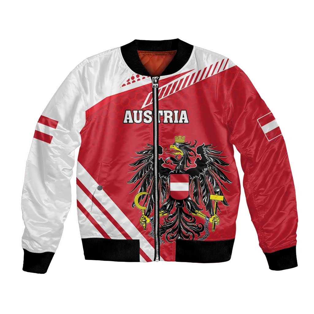 Red and white bomber jacket with front zipper and Austria coat of arms graphic
