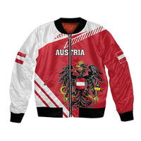 Red and white bomber jacket with front zipper and Austria coat of arms graphic