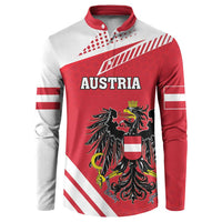 Red and white sweatshirt with AUSTRIA text and detailed eagle coat-of-arms graphic