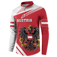 Red and white Austria-themed sweatshirt with buttoned collar and eagle crest graphic