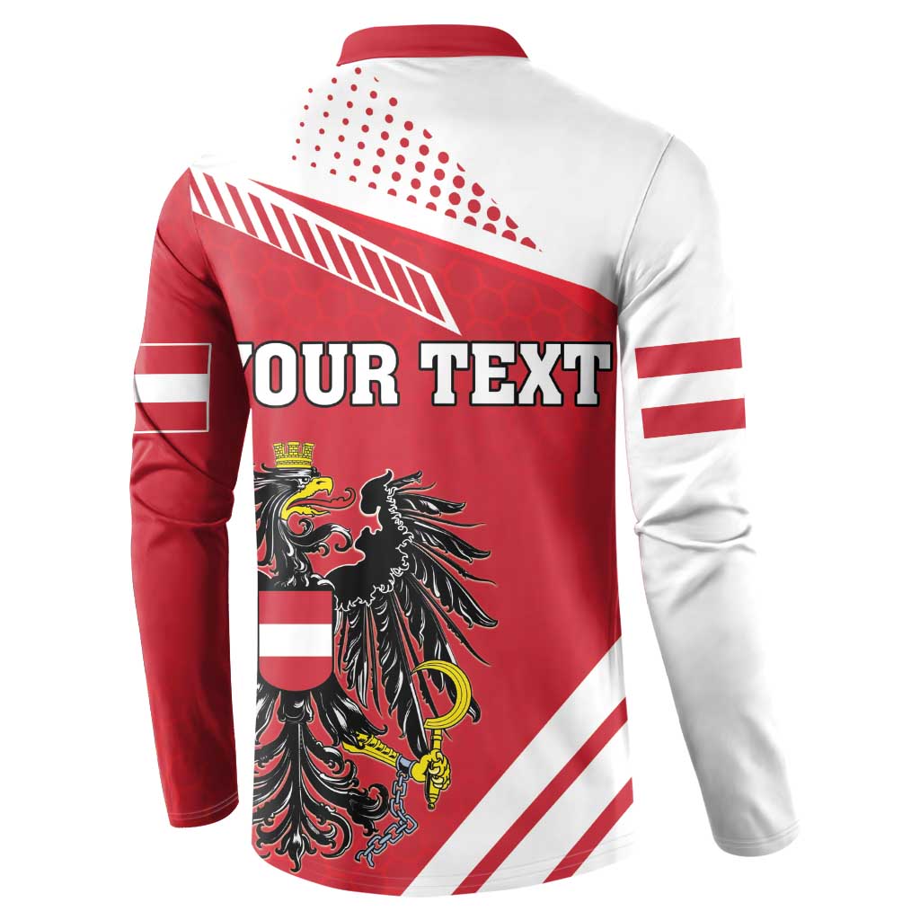 Red and white back view sweatshirt with “YOUR TEXT” and eagle crest graphic