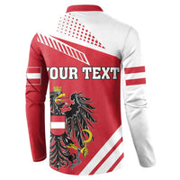 Red and white back view sweatshirt with “YOUR TEXT” and eagle crest graphic
