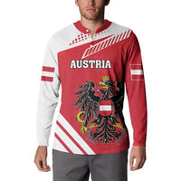 Red and white sweatshirt with AUSTRIA text and eagle crest on striped panel