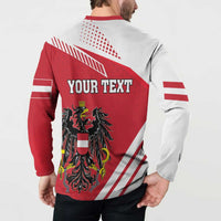 Red and white sweatshirt back with “YOUR TEXT” and Austria eagle crest graphic