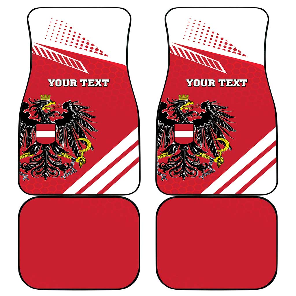 Set of 4 car mats: 2 red/white coat-of-arms with 'YOUR TEXT' plus 2 solid red.