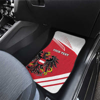 Red and white car floor mat with Austria coat of arms and 'YOUR TEXT' on it.