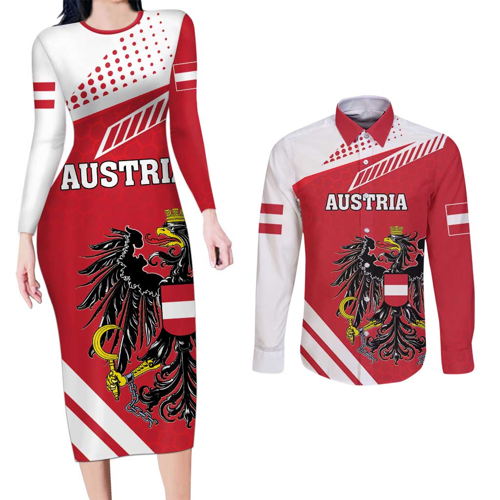 Personalized Austria Coat Of Arms Couples Matching Long Sleeve Bodycon Dress and Long Sleeve Button Shirt Flag Style - Wonder Print Shop