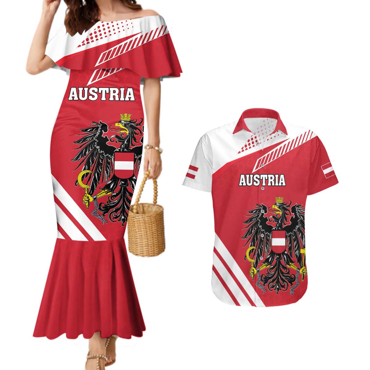 Personalized Austria Coat Of Arms Couples Matching Mermaid Dress and Hawaiian Shirt Flag Style - Wonder Print Shop