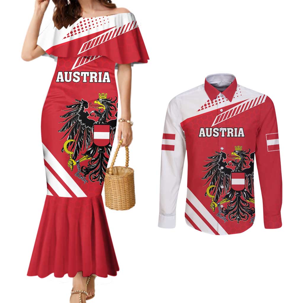 Personalized Austria Coat Of Arms Couples Matching Mermaid Dress and Long Sleeve Button Shirt Flag Style