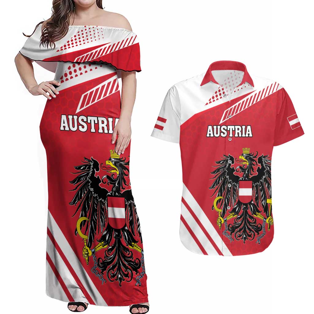 Personalized Austria Coat Of Arms Couples Matching Off Shoulder Maxi Dress and Hawaiian Shirt Flag Style - Wonder Print Shop