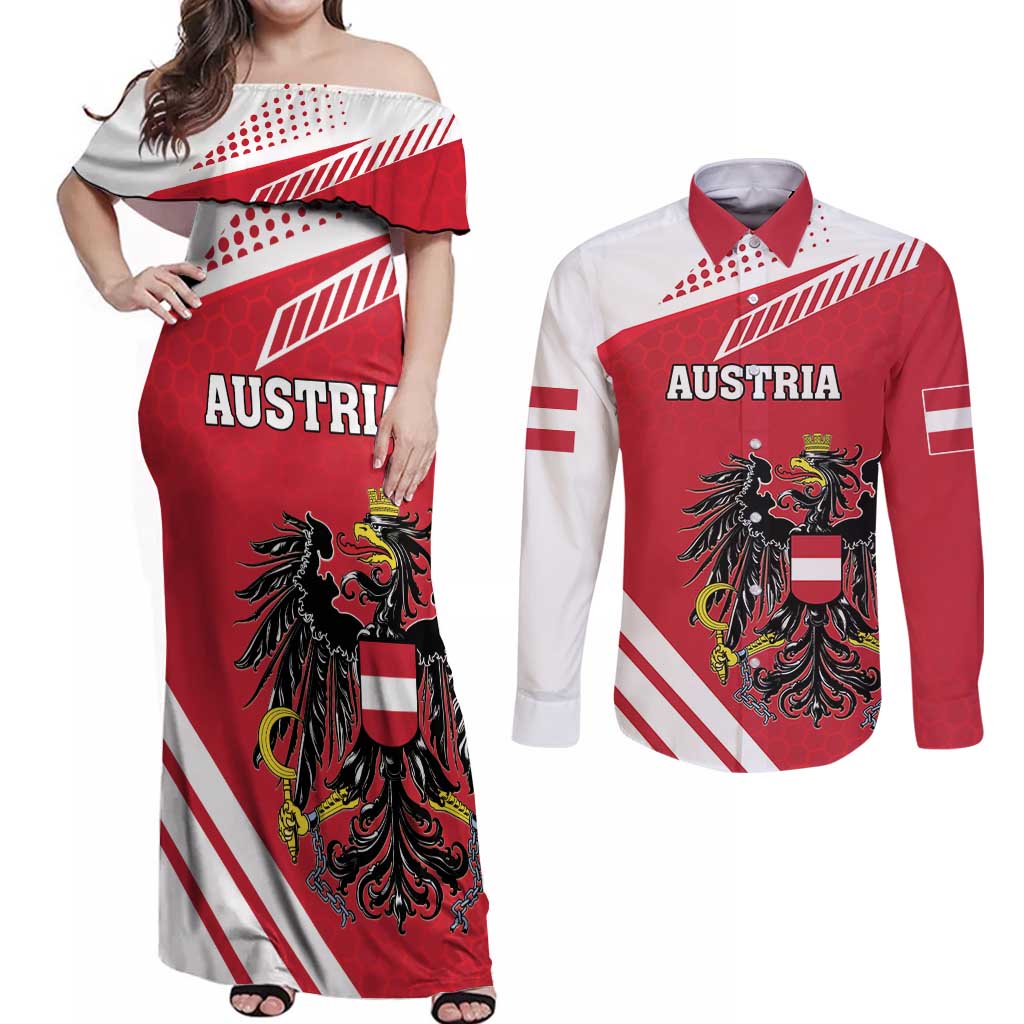 Personalized Austria Coat Of Arms Couples Matching Off Shoulder Maxi Dress and Long Sleeve Button Shirt Flag Style - Wonder Print Shop