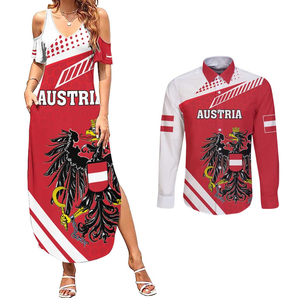 Personalized Austria Coat Of Arms Couples Matching Summer Maxi Dress and Long Sleeve Button Shirt Flag Style - Wonder Print Shop