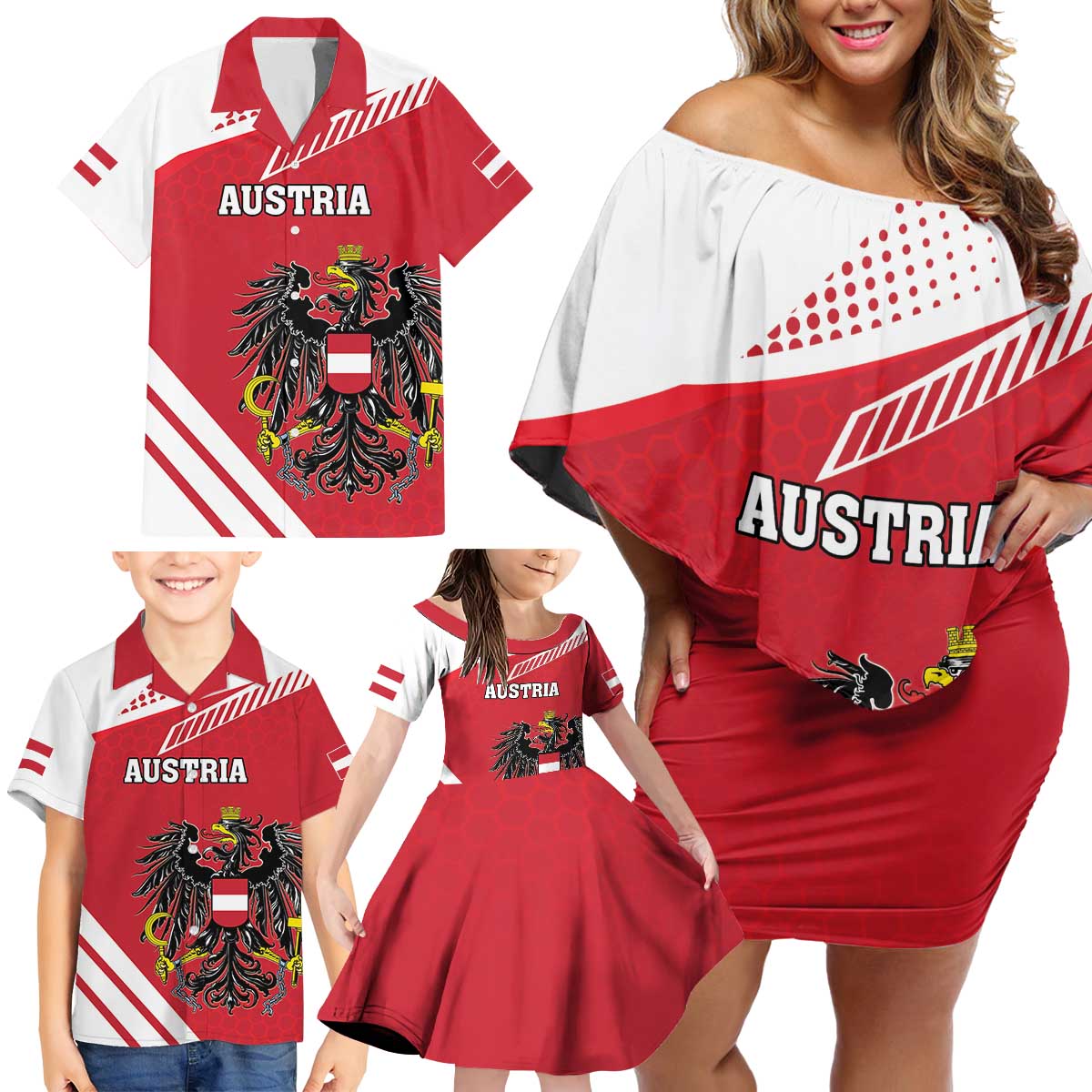 Personalized Austria Coat Of Arms Family Matching Off Shoulder Short Dress and Hawaiian Shirt Flag Style - Wonder Print Shop