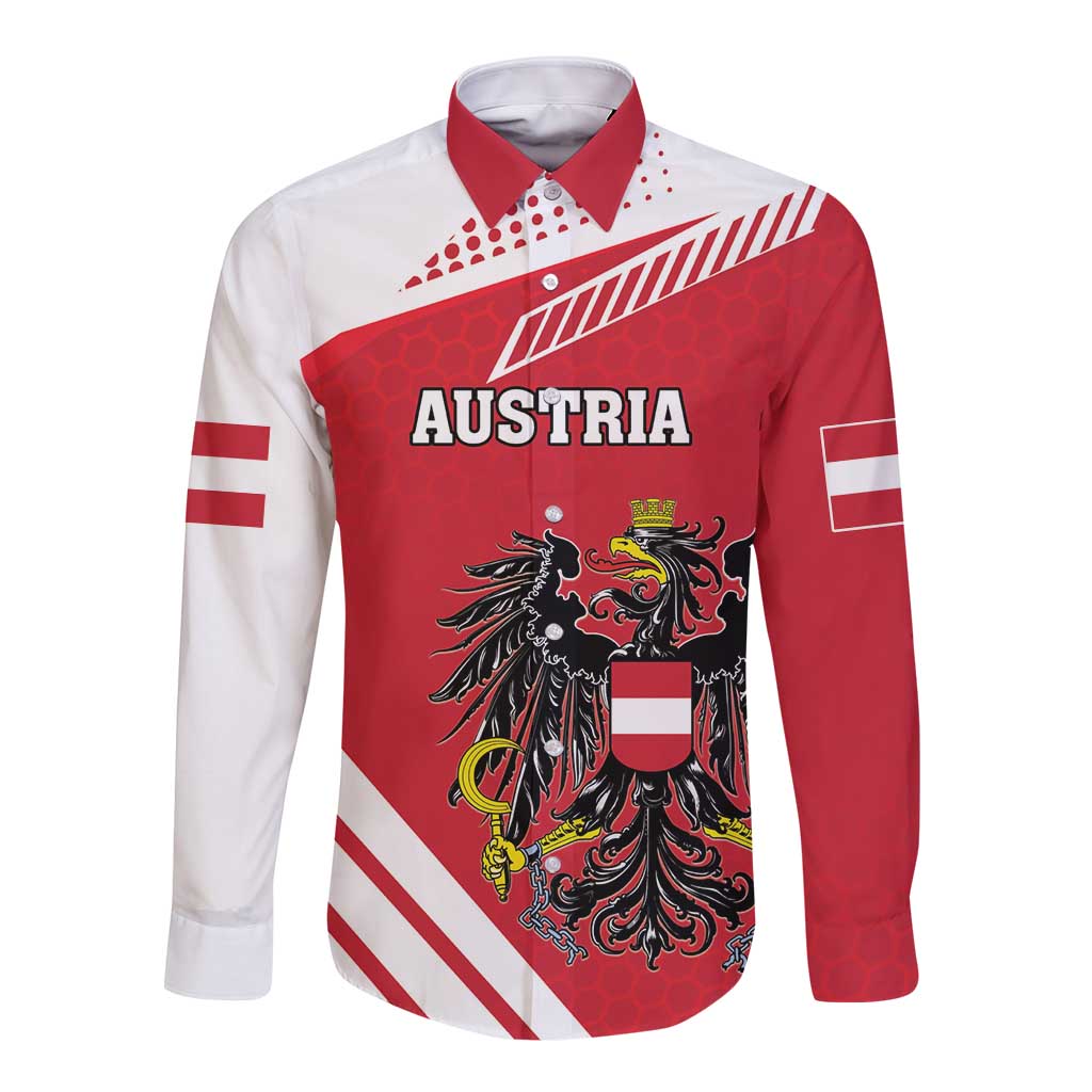 Long-sleeve button shirt with red/white Austria crest graphic and striped design