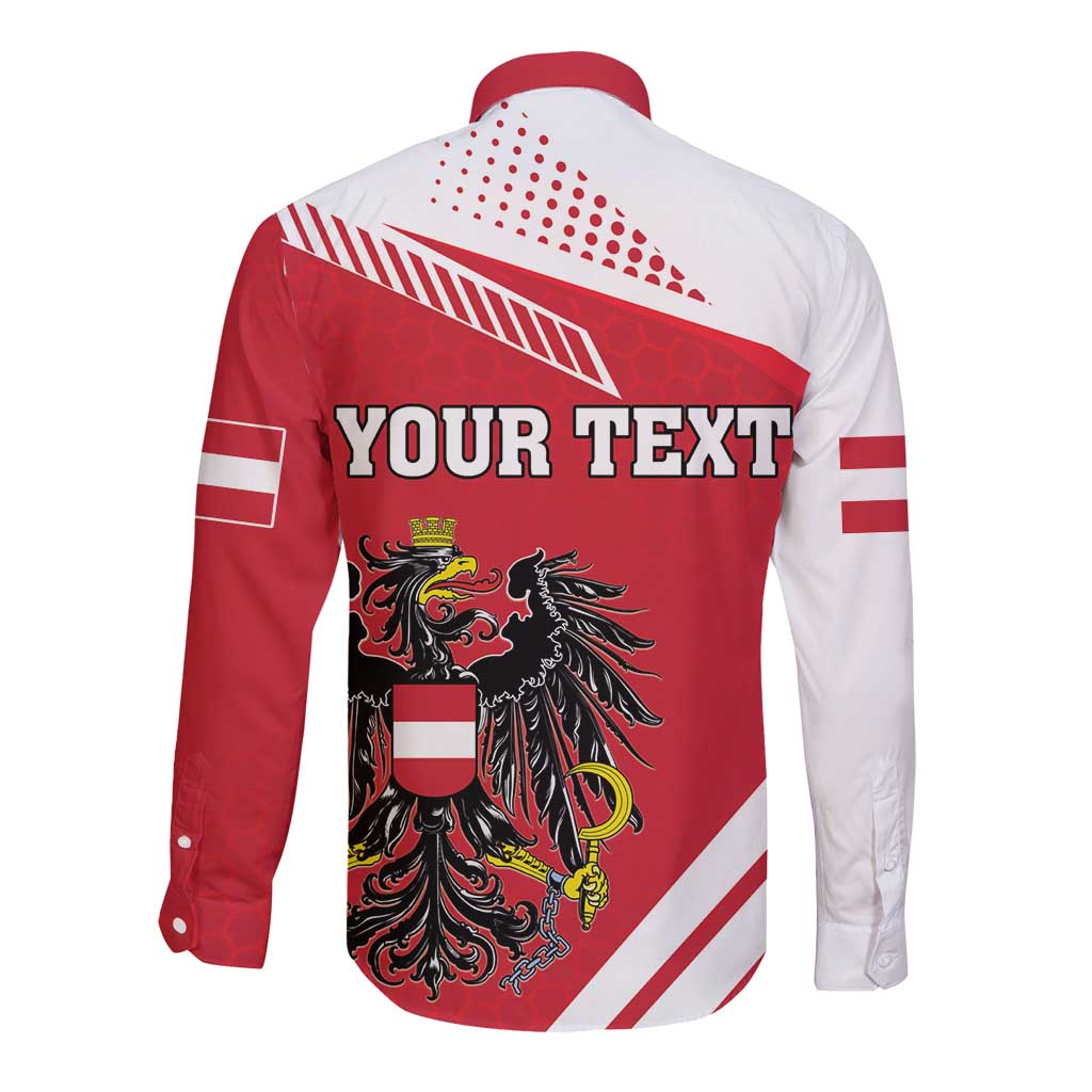 Long-sleeve button shirt, red/white back print with 'YOUR TEXT' and coat of arms