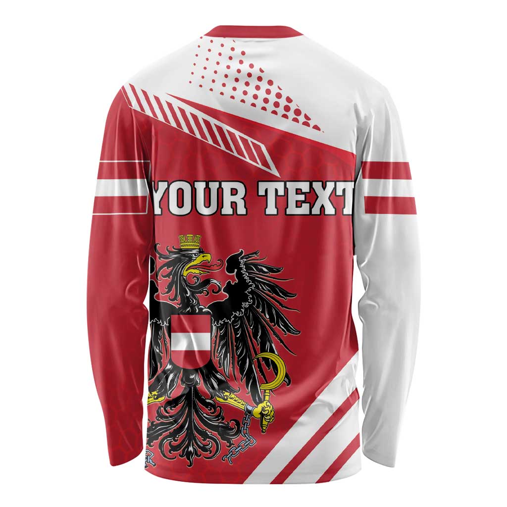 Red and white long-sleeve shirt back with bold “YOUR TEXT”, crest, and flag stripes