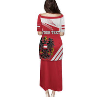 Red long dress, back view, crest and 'YOUR TEXT' on flag-striped top