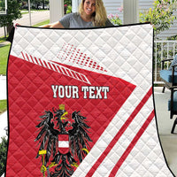 Red and white quilt flag blanket with Austrian crest, diagonal stripes, and 'YOUR TEXT' close-up