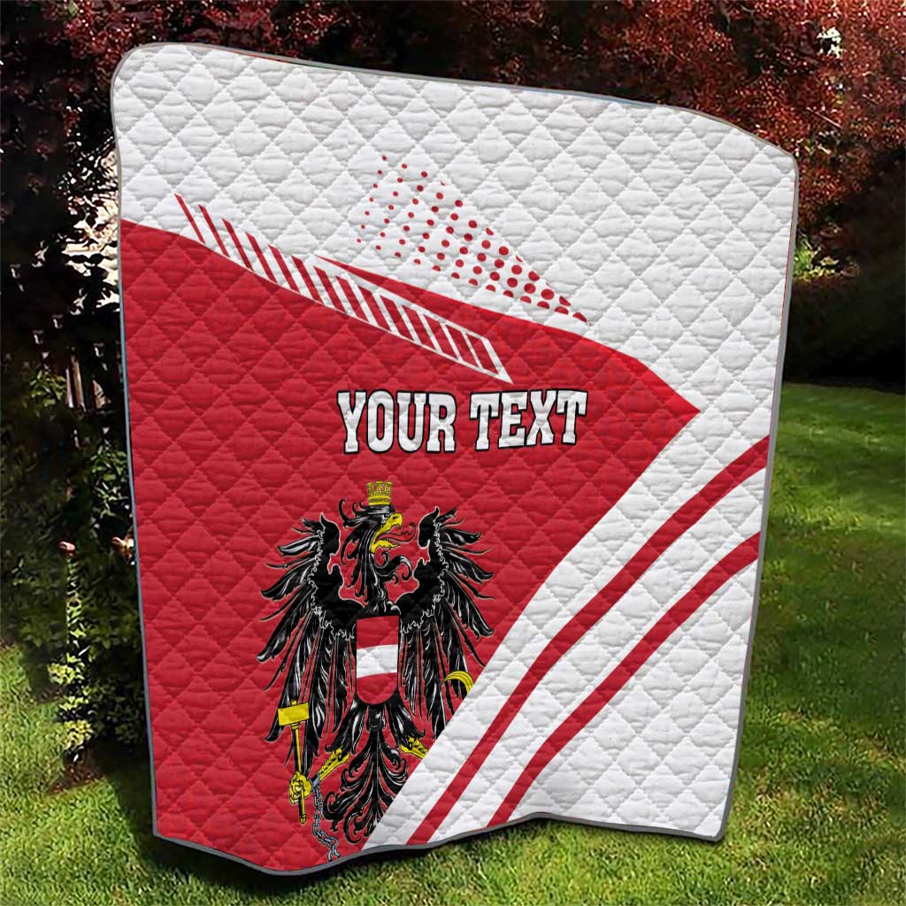 Red and white quilt flag blanket with Austrian crest, diagonal stripes, and 'YOUR TEXT'