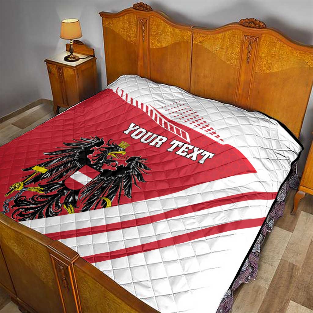 Red and white quilt flag blanket with Austrian crest, diagonal stripes, and 'YOUR TEXT' on bed