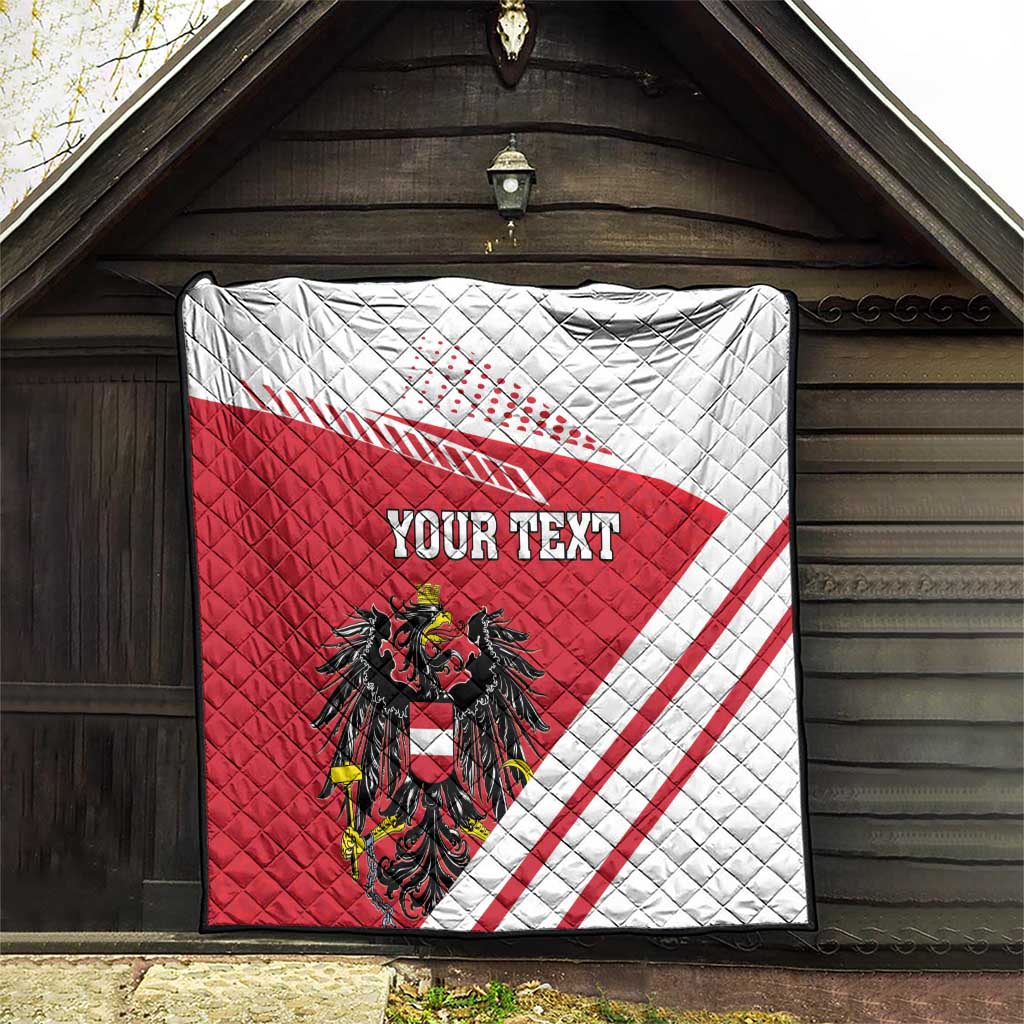 Red and white quilt flag blanket with Austrian crest and diagonal stripes, 'YOUR TEXT' centered