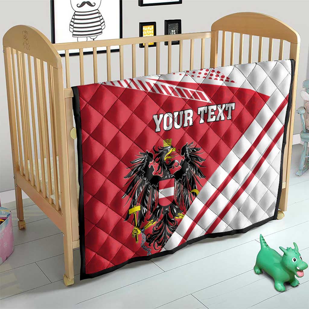 Red and white quilt flag blanket with Austrian crest and diagonal stripes, 'YOUR TEXT' on toddler bed