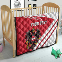 Red and white quilt flag blanket with Austrian crest and diagonal stripes, 'YOUR TEXT' on toddler bed