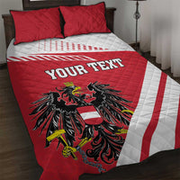 Red and white quilt bed set with quilted pillows, custom text, and Austria eagle crest
