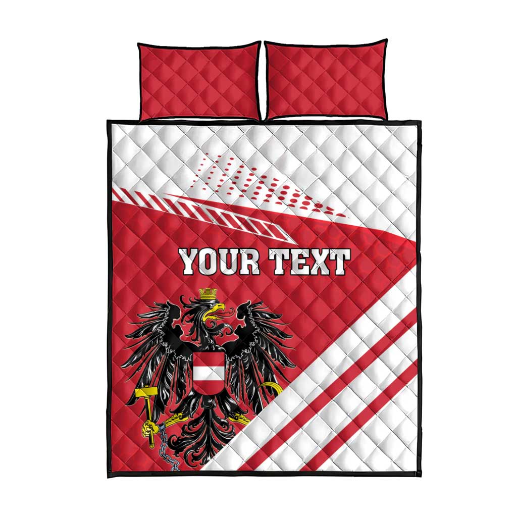 Red and white quilt bed set featuring custom text, Austria eagle crest, and striped design