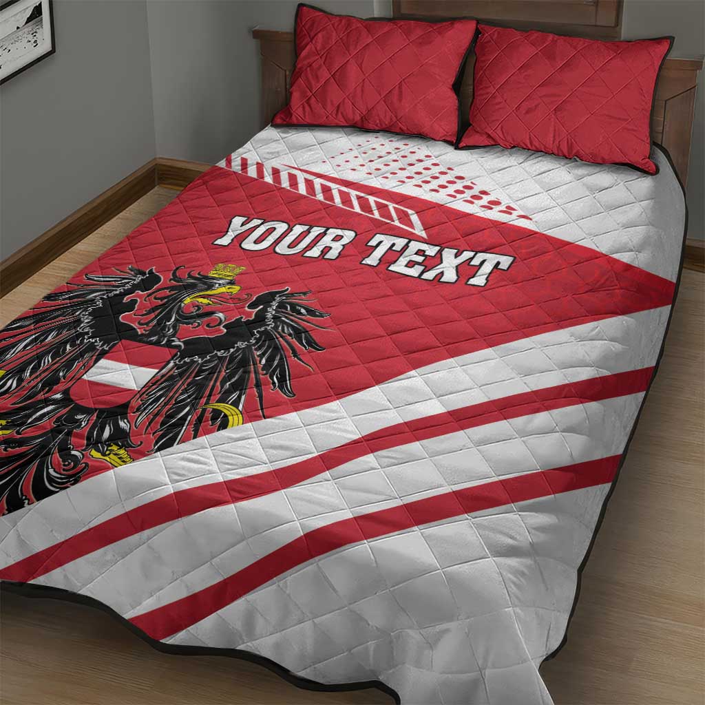 Red and white quilt bed set with custom text banner, Austria eagle crest, and quilted texture