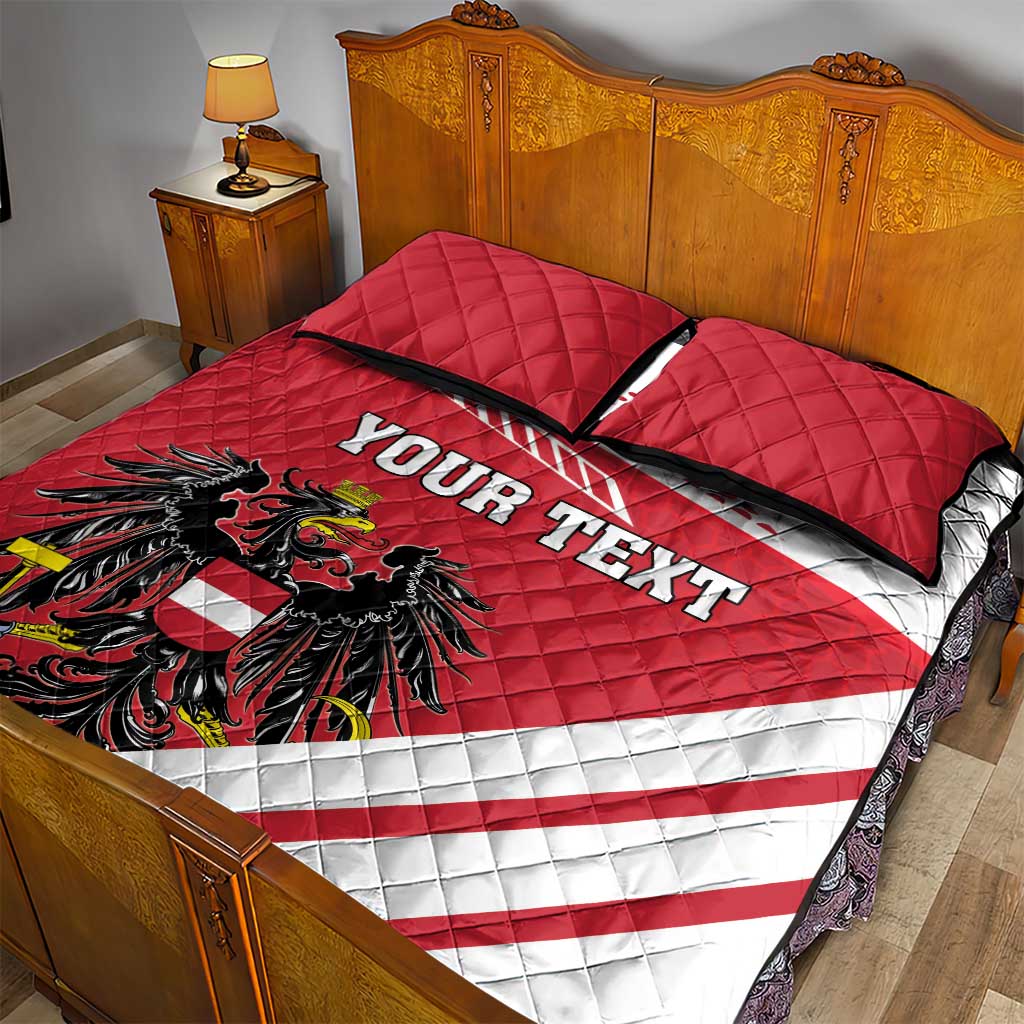 Red and white quilt bed set with custom text, Austria eagle crest, and quilted comforter