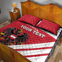 Red and white quilt bed set with custom text, Austria eagle crest, and quilted comforter