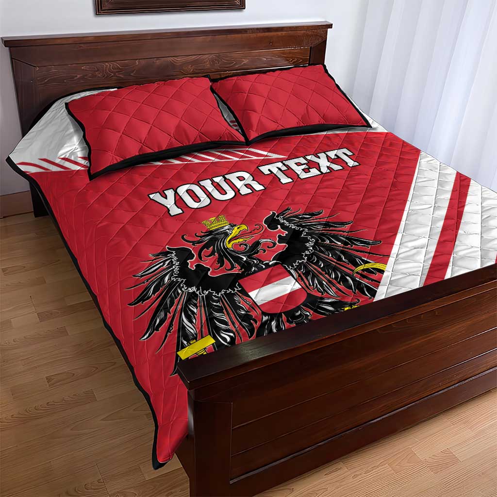 Red and white quilt bed set with quilted pillows, custom text, and Austria eagle crest